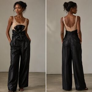 Elegant Black Satin Wide-Leg Jumpsuit with Nude Bedazzled Bodice